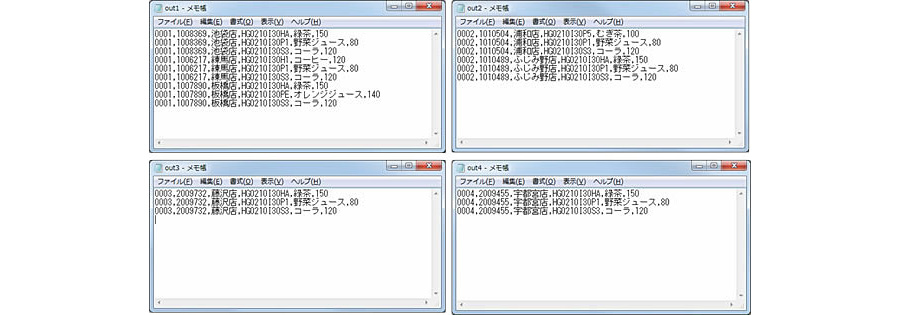 The files out1.txt, out2.txt, out3.txt, and out4.txt, which contain information such as stores and product prices, are opened in Notepad.